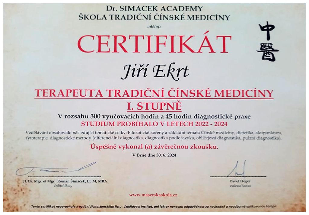 Certifikát terapeuta Tradiční čínské medicíny I. stupně